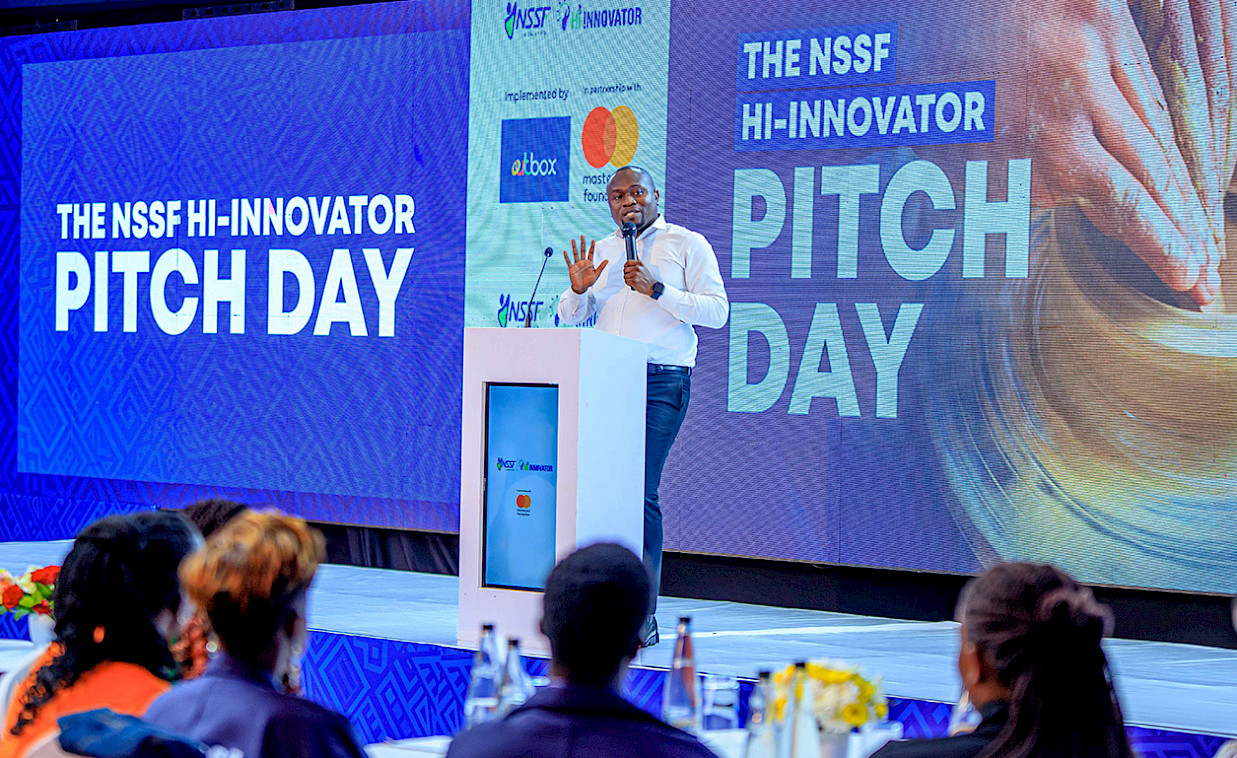 Richard Zulu the Team Principal at Outbox makes a presentation during the NSSF Hi-Innovator pitch day in Kampala recently.